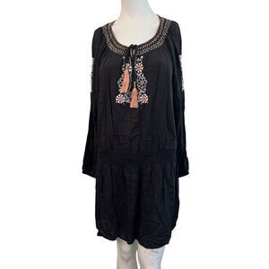 Large Black Oversized Crepe Embroidered Flowers Dress Long Sleeve Tassels NWT